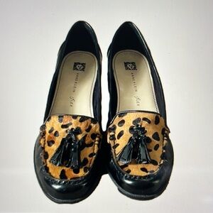Anne Klein I Flex Technology Deziree Black Leopard Print Fur Tassle Loafer 8